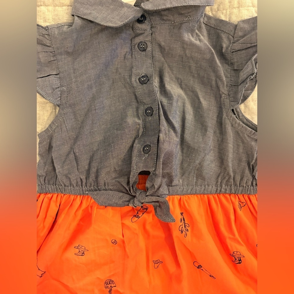 Beebay Baby Denim Orange Western Rodeo Girls Tie Button Dress 18-24M - Picture 3 of 6